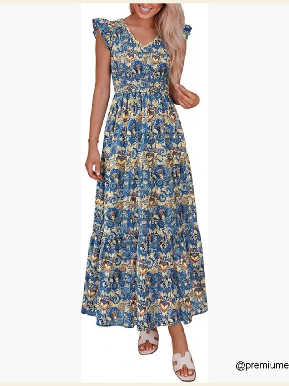 Women's Maxi Dress Smocked V Neck Ruffle Sleeve Flowy Summer Beach